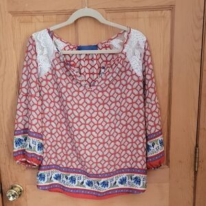 Coral Geometric Lace-Shoulder Peasant Blouse